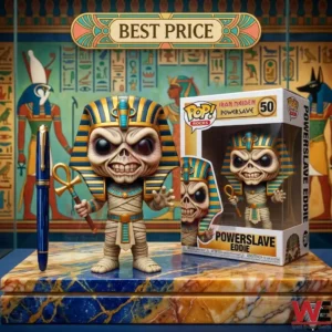 Close up of a mummy themed collectible toy next to a blue pen and its display box on a marble stand!