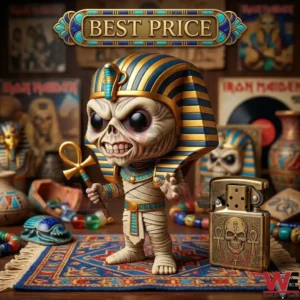A collectible mummy figure on a miniature rug with a gold lighter and Egyptian artifacts in the background!