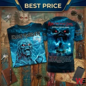 Front and back designs of a blue concert t shirt displayed with travel gear!
