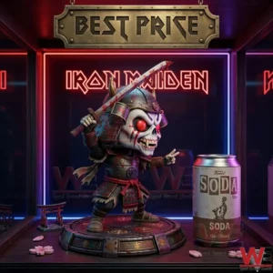 Side view of a samurai skeleton collectible figure with a katana and a soda can on a shelf!
