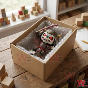 Top down view of a samurai collectible figure inside a shipping box with bubble wrap on a wooden desk!