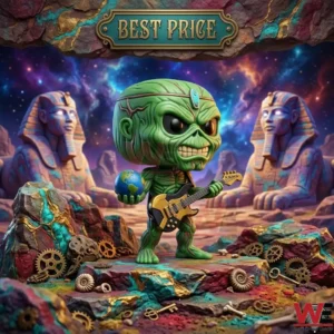 A green monster collectible with a globe and guitar standing amidst gears and ancient statues under a galaxy sky.