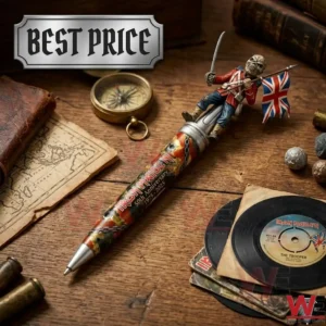 Top down view of an Iron Maiden 50th Anniversary pen featuring The Trooper mascot on a wooden background with rock music memorabilia!