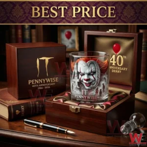 An open wooden box holding an engraved clown glass sits next to another closed engraved box on a library desk.
