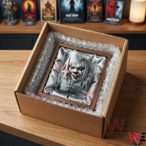 A glass item decorated with a clown face is packed in bubble wrap inside a cardboard box on a table.