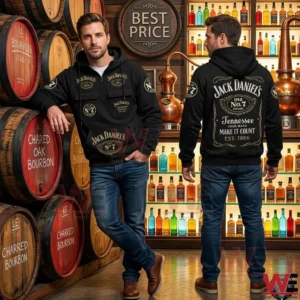 Front and back views of a man wearing a black Jack Daniels hoodie in a distillery warehouse with barrels and liquor bottles.