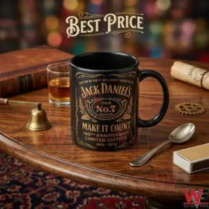 Close up of a Jack Daniels 160th anniversary mug on a wooden table with vintage office and bar supplies!