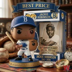 A Jackie Robinson vinyl figure inside an open cardboard box with bubble wrap! The figure is in a batting pose wearing a blue and white baseball uniform and stands on an anniversary base!