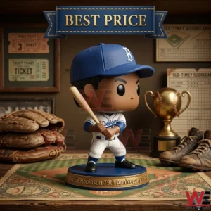 A Jackie Robinson anniversary figure and its display box surrounded by vintage baseballs a glove and pocket watches on a wooden table!
