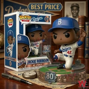 Jackie Robinson 80th Anniversary collectible figure with packaging on a wooden desk!