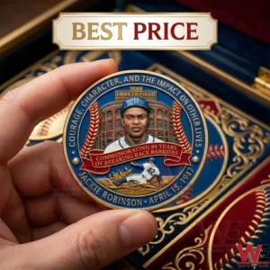 Detailed commemorative coin honoring Jackie Robinson held by a hand!