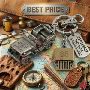 A detailed silver Jeep anniversary keychain with multiple charms resting on a vintage map alongside a compass and leather glove.