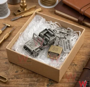 A silver Jeep keychain set resting in a cardboard gift box with protective packaging on a wooden surface with tools.