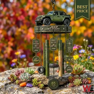 A green off road themed wind chime celebrating eighty five years of history with a miniature car on top!