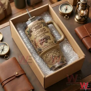 Jeep 85th Anniversary 40oz Tumbler 1941-2026 3 Top view of a commemorative tumbler being shipped in a cardboard box with bubble wrap and travel items nearby!
