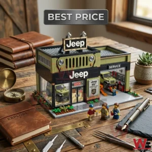 A toy building set of an olive green Jeep dealership celebrating its eighty fifth anniversary placed on a desk with vintage travel accessories!