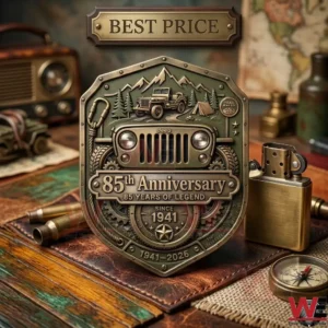 Detailed bronze Jeep 85th anniversary emblem on a leather surface surrounded by camping and navigation gear!
