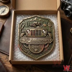 Top view of a Jeep 85th anniversary collector plaque inside a cardboard box with protective bubble wrap!