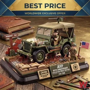 A green military jeep model made from building blocks on a muddy display base with two toy soldiers.