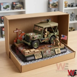 A military jeep brick set stored inside a cardboard shipping box on a table.