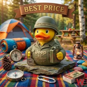 Military themed Jeep anniversary rubber duck at a campsite!