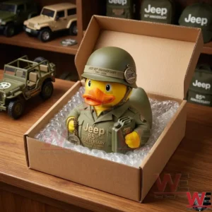 Packaged Jeep anniversary rubber duck in a shipping box!