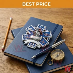 Silver and blue emergency services emblem with a firefighter duck on a notebook!