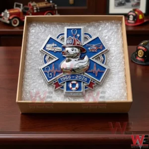 Commemorative medical and fire service emblem inside a shipping box!