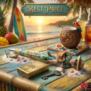 A collector pen with a Jimmy Buffett figurine laying on a bamboo table with beach accessories and a sunset ocean background!