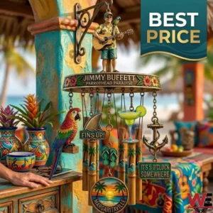 A tropical wind chime with a guitar player figure on top and various beach themed charms hangs in a patio! It features bamboo tubes and colorful pendants like a parrot and a margarita glass!
