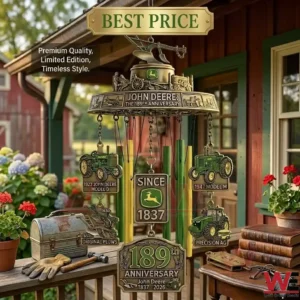 An ornate bronze wind chime with John Deere tractor charms and anniversary plaques hanging outdoors!