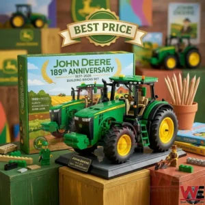Detailed brick built John Deere tractor with large tires and anniversary branding displayed on a wooden surface!