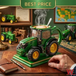 Detailed shot of a green tractor shaped mug with coffee and steam on a leather desk! Background shows more tractor models and a map!