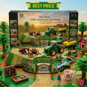 A large product box for a John Deere 189th Anniversary Lego farm estate stands behind assembled brick-built modern and vintage farm machinery on a wooden table! Minifigures and small tools surround the detailed diorama including a green tractor with a wagon and an old horse-drawn plow!