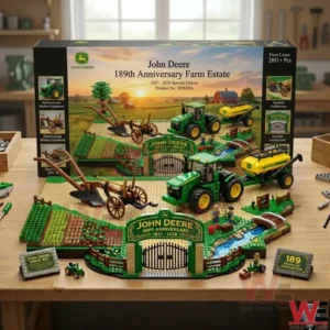 Detailed diorama of the assembled Lego John Deere 189th Anniversary Farm Estate with modern green and yellow tractors and vintage horse-drawn equipment! Minifigures are working in the fields and by a river with a red barn in the background on a wooden table!