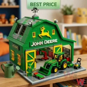 Detailed brick built John Deere garage set including a tractor and workshop accessories on a wooden table!