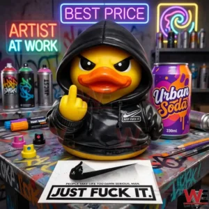 A yellow rubber duck in a black hoodie gesturing with its middle finger on a messy desk surrounded by art supplies!
