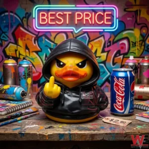 JUST FUCK IT Attitude Duck 4 A yellow duck figure in a black hoodie making a rude gesture on a wooden table with spray paint and brushes in front of a graffiti wall!