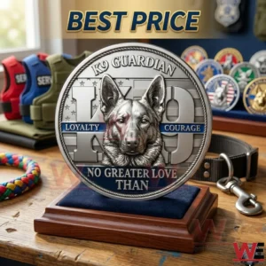 A close up shot of a silver K9 Guardian coin on a wooden display stand!
