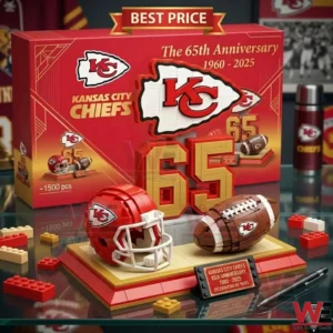 A Kansas City Chiefs sixty fifth anniversary building block set with a helmet and football on a display base!