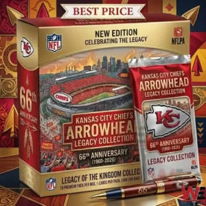 A gold and red box and foil pack for a football team anniversary collection with a matching pen!