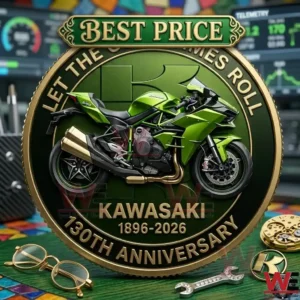 A close up photograph of a Kawasaki anniversary coin on a desk! The coin features a green motorcycle and anniversary dates! Eyeglasses and small mechanical tools are scattered around it!