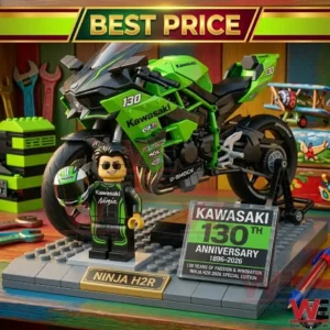A close up photograph of a Kawasaki Ninja H2R building set on a grey base! The set includes a green motorcycle a racer figure with a helmet and an anniversary plaque! The background contains miscellaneous hobby items on a desk!