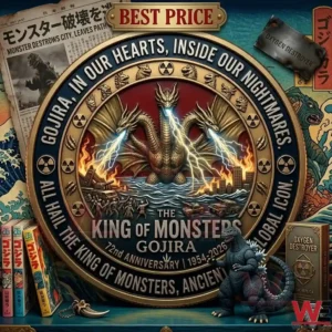Detailed gold and bronze anniversary medallion of Godzilla featuring the three headed King Ghidorah breathing lightning over a coastal city!