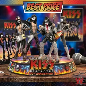 A set of four musician figures in costume and makeup on a themed anniversary stage with a microphone on the table!