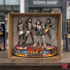 A rock band figure set sits inside a shipping box with bubble wrap protection on a wooden surface!