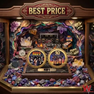 Collector gold coins for the band KISS shown in a museum quality display box featuring miniature stage gear and amethyst crystals!