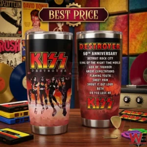 Two KISS Destroyer themed tumblers with band graphics and song lists displayed with rock and roll items.