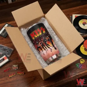A KISS band tumbler safely packed in bubble wrap inside a shipping box.