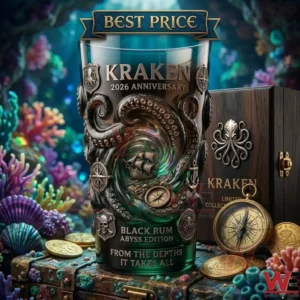 A close up photograph of a sculpted commemorative glass and a wooden box on an underwater seabed! The glass has octopus and ship designs! Gold coins and a compass are scattered around the base!